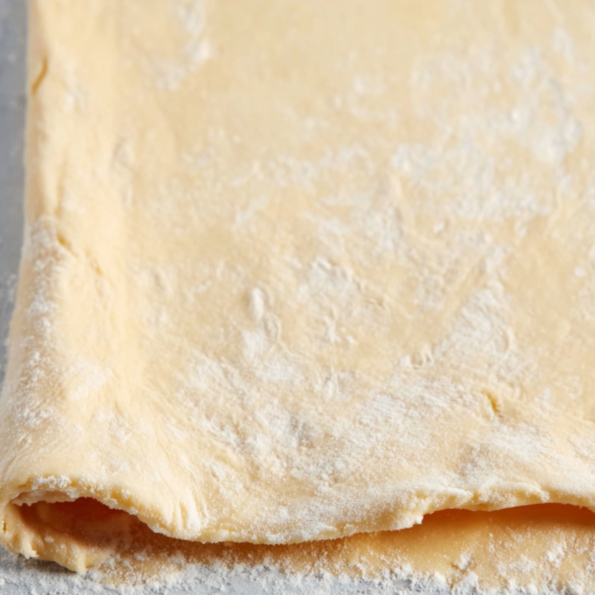 The image shows rolled-out dough on a floured surface, ready to be cut.