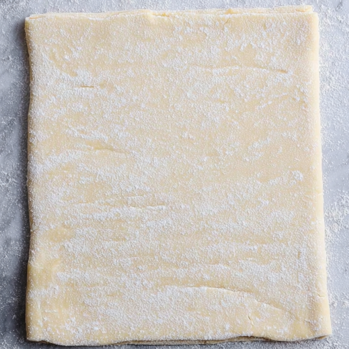 Rolled out puff pastry dough dusted with flour, ready for use in a recipe.