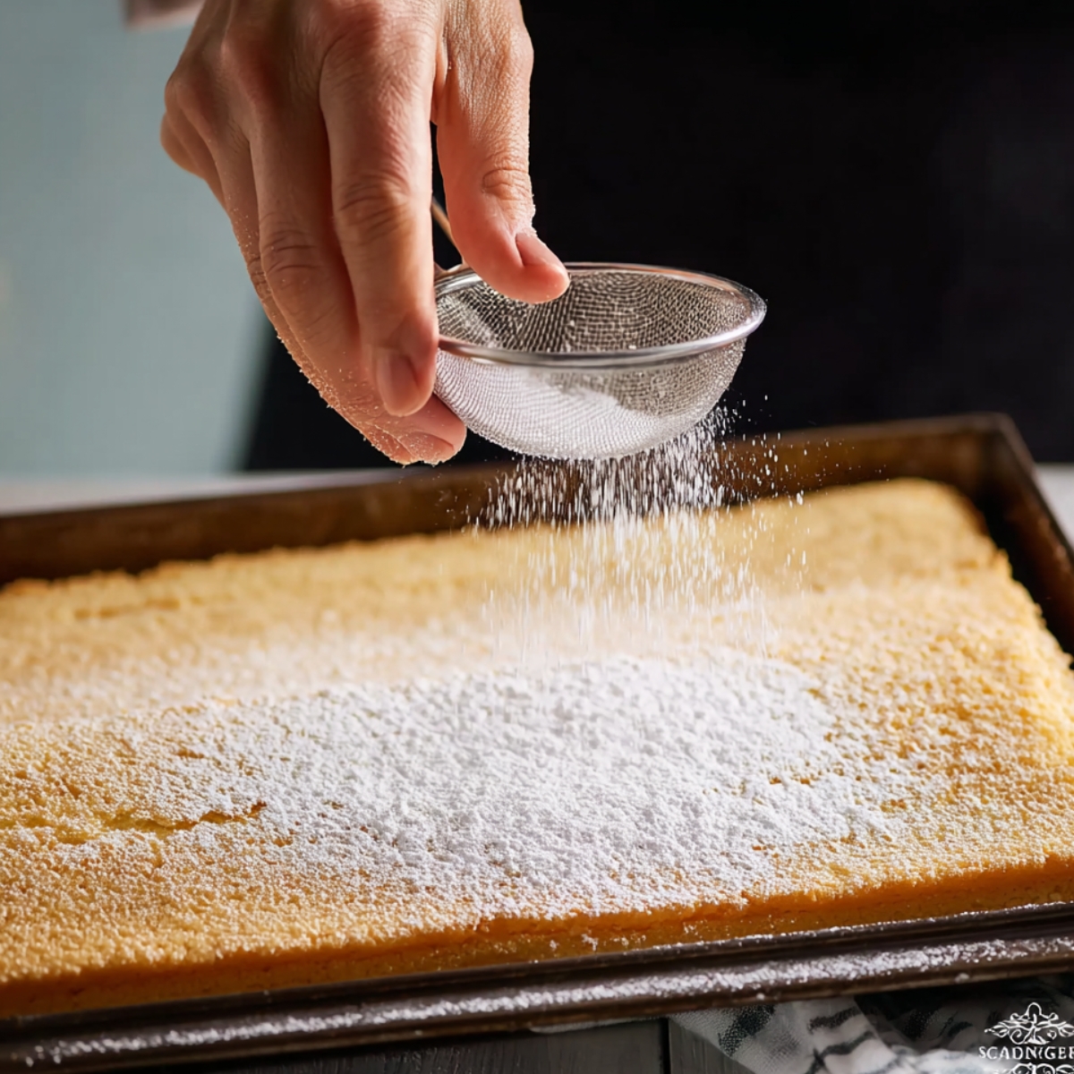 Sprinkling powdered sugar over a warm cake on a baking tray.