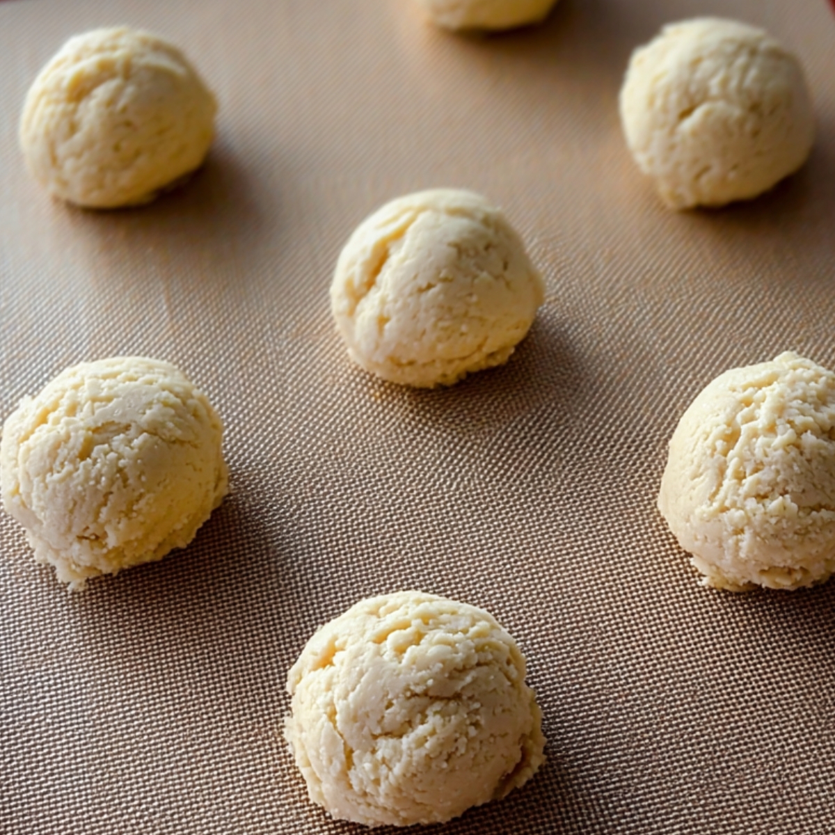 Cookie dough scoops neatly placed on a silicone baking mat, ready to be baked.