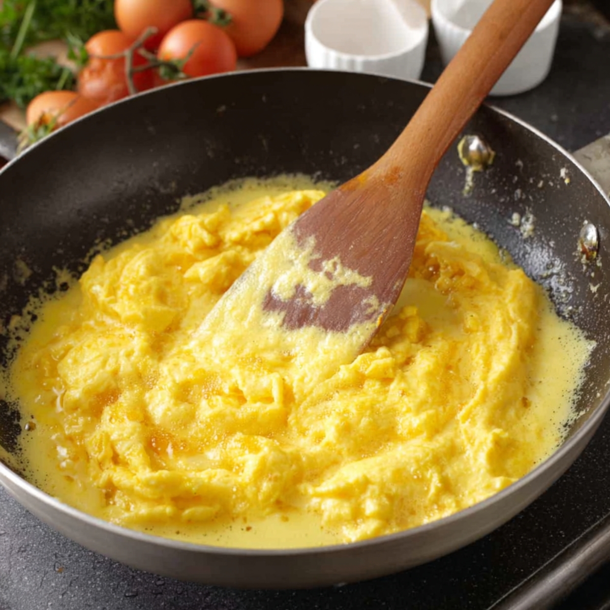 Scrambling eggs in a frying pan with a wooden spatula.