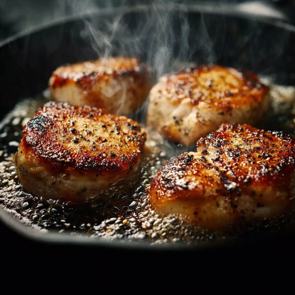 Chicken breasts searing in a hot skillet.