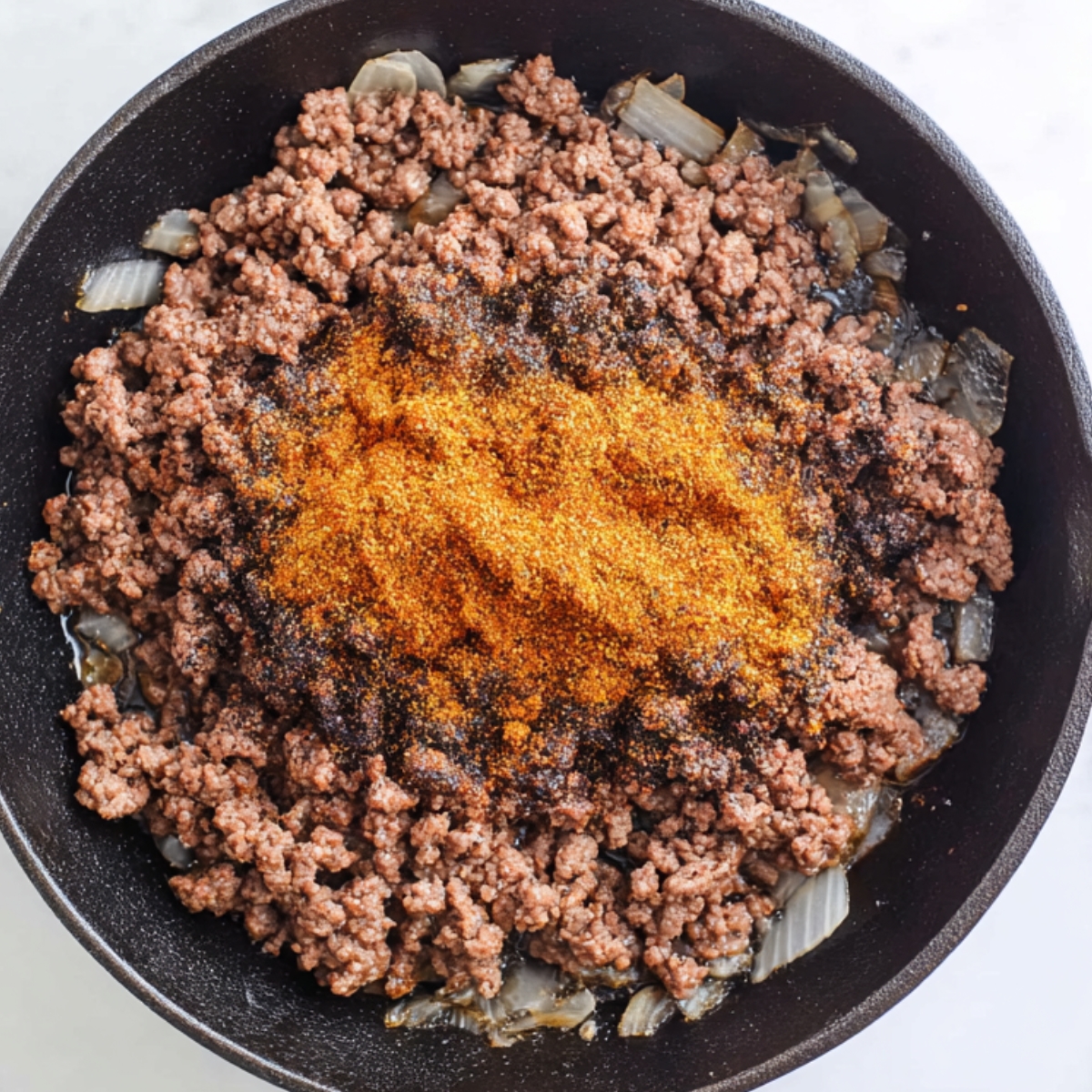 Seasoned ground beef cooking with onions in a skillet