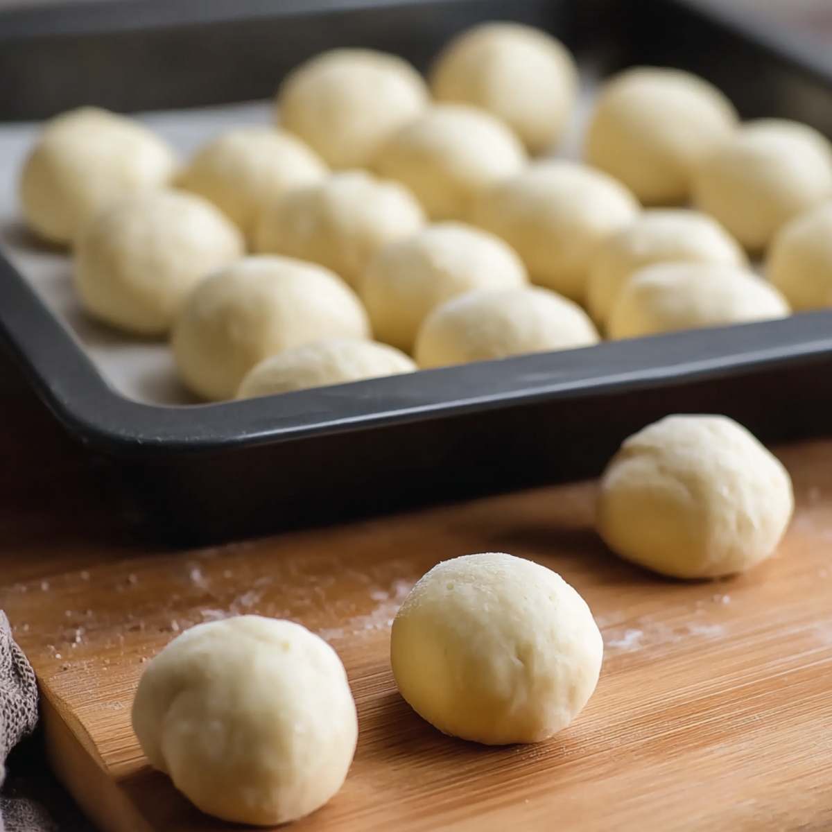 The image shows rolled dough balls placed on a baking sheet, with a few on a wooden surface nearby.