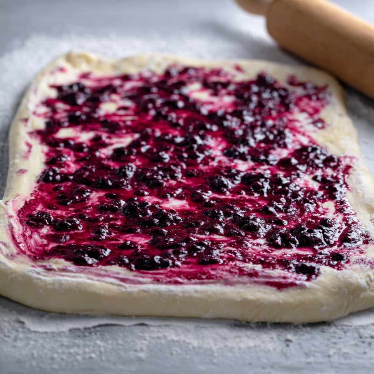 Berry filling spread over dough, ready to be rolled into a babka loaf.