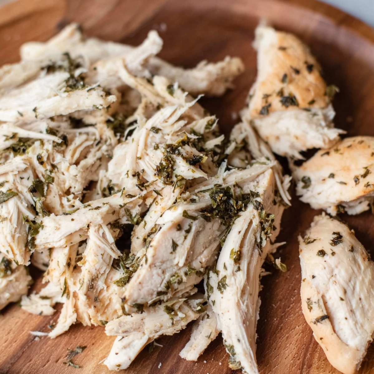 Shredded chicken seasoned with herbs, placed on a wooden cutting board.
