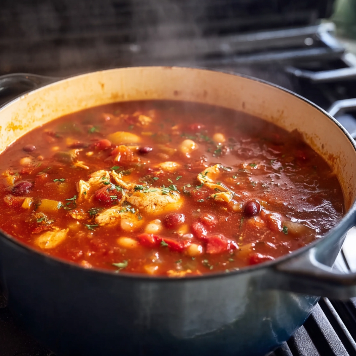 Chicken enchilada soup simmering in a pot on the stove.