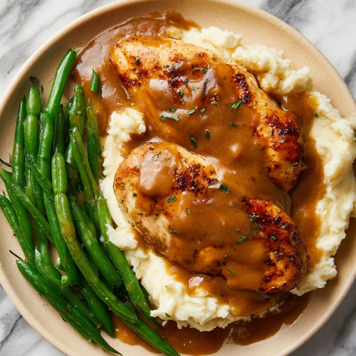Smothered chicken with mashed potatoes and green beans.