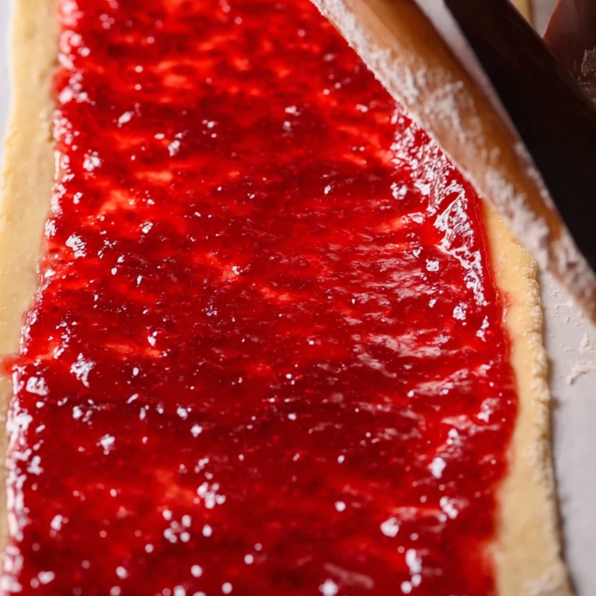 The image shows rolled-out dough spread with raspberry jam, ready for further preparation.