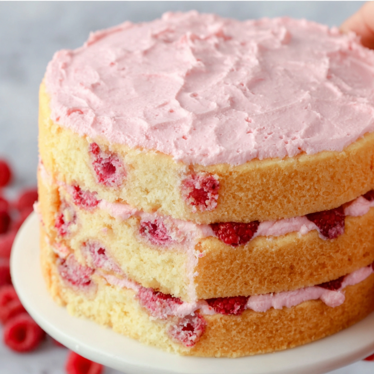 A three-layer cake with raspberry filling between the layers and pink frosting on top.