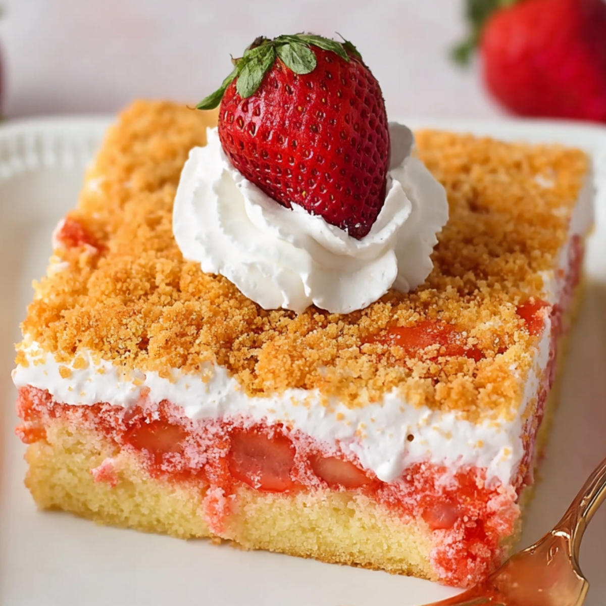 The image shows a piece of strawberry crunch poke cake topped with whipped cream and a fresh strawberry.