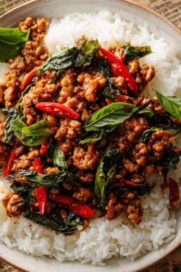 Thai Basil Chicken served over steamed rice.