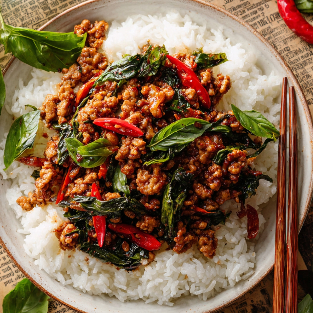 Thai Basil Chicken served over steamed rice.