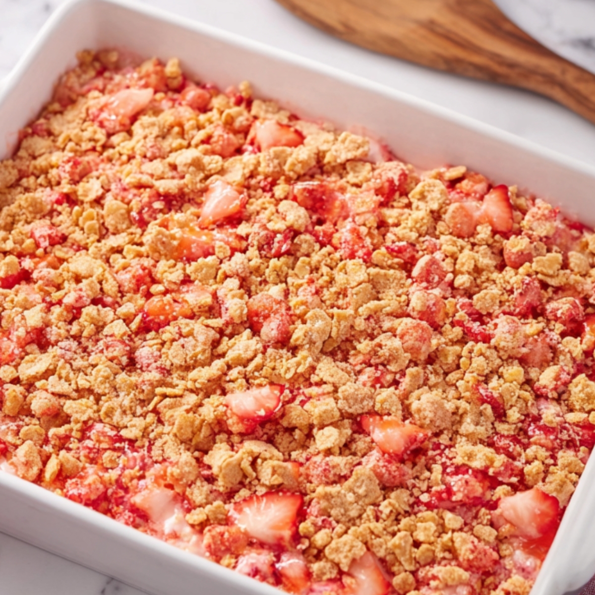 This image shows the final step of preparing the strawberry crunch poke cake, where the topping, likely made of crushed cookies, is spread over the cake. The cake is now ready to serve after this delicious finishing touch!