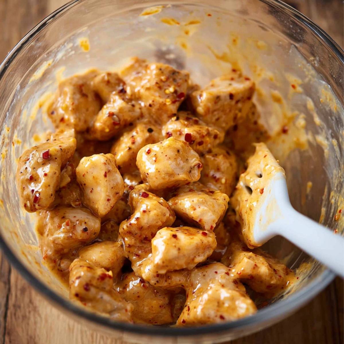 Chicken pieces coated in creamy spicy sauce.