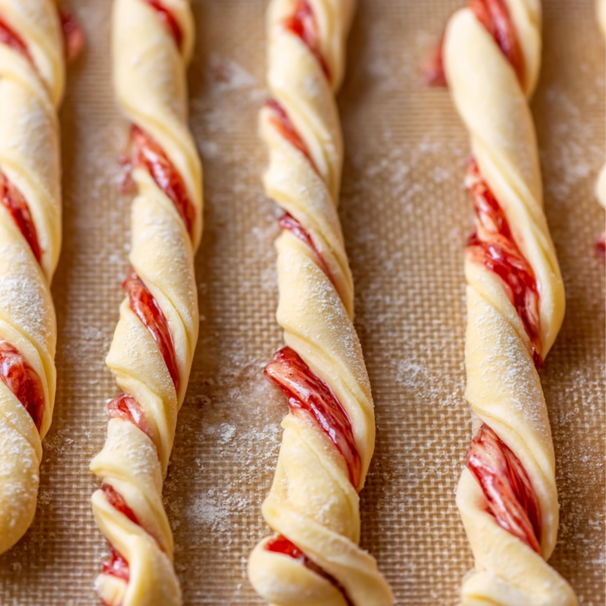 The image shows twisted dough strips filled with raspberry jam, ready for baking.