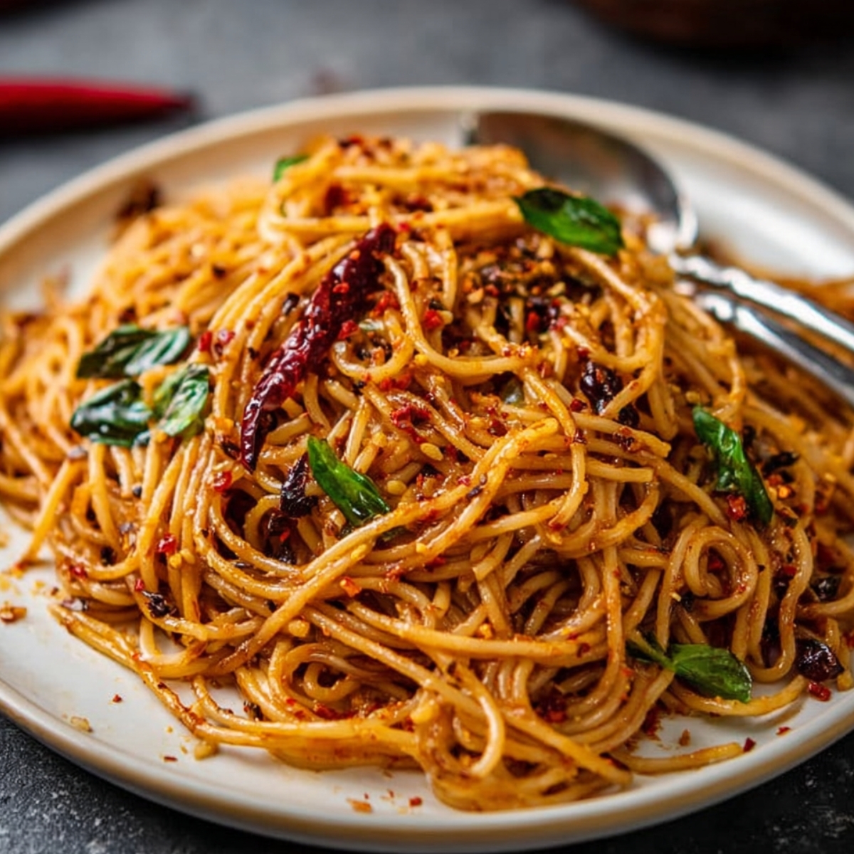 Spicy _Umami Chili Garlic Noodles garnished with herbs on a plate.