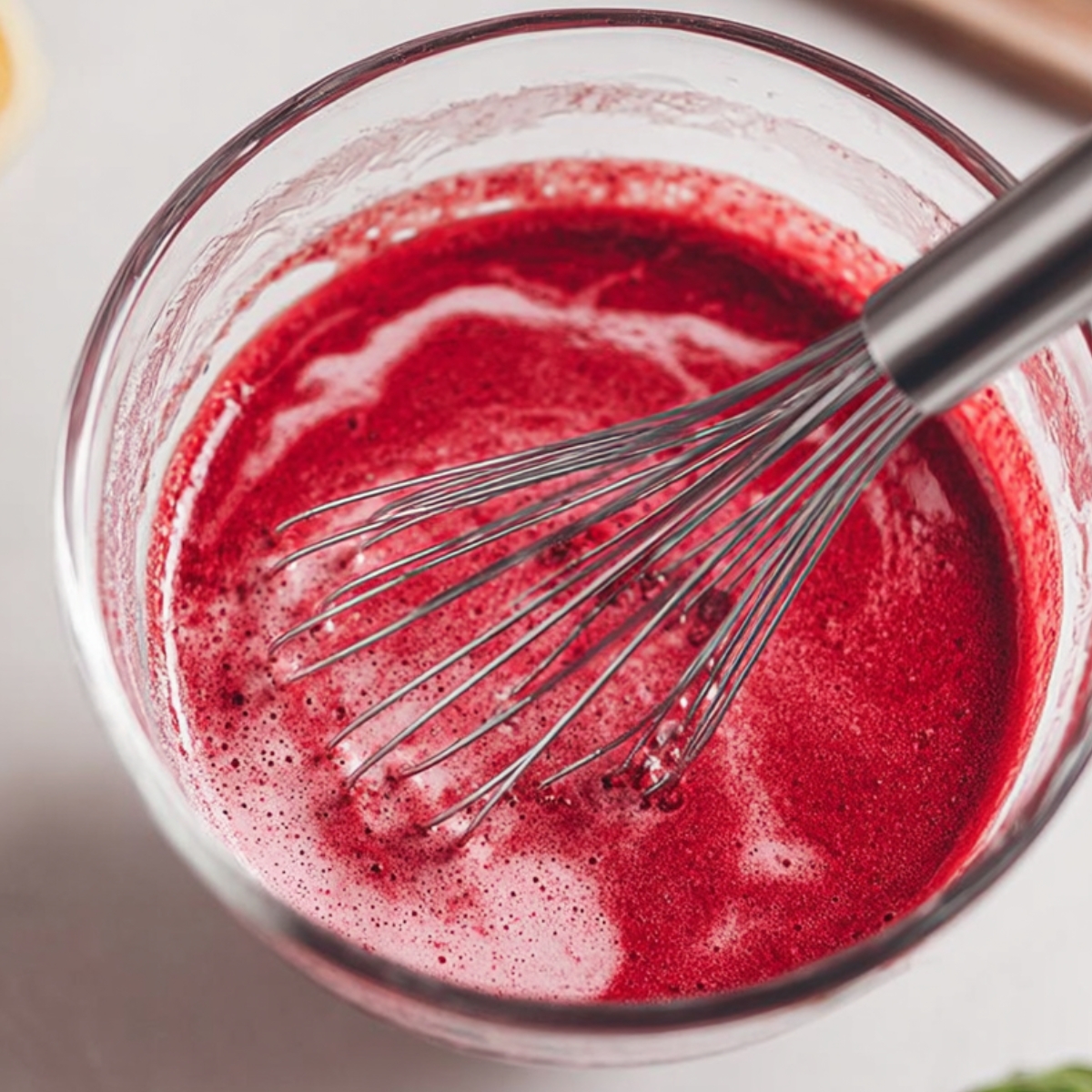 The image shows raspberry puree being whisked, likely for a mousse or dessert filling. Would you like assistance with a recipe or further details on making a mousse?