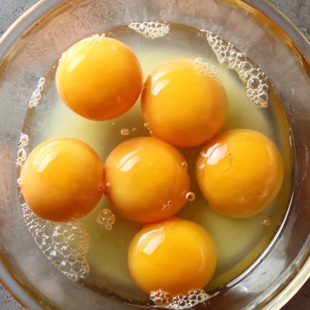 The image shows several whole eggs in a bowl, with bubbles around the yolks.
