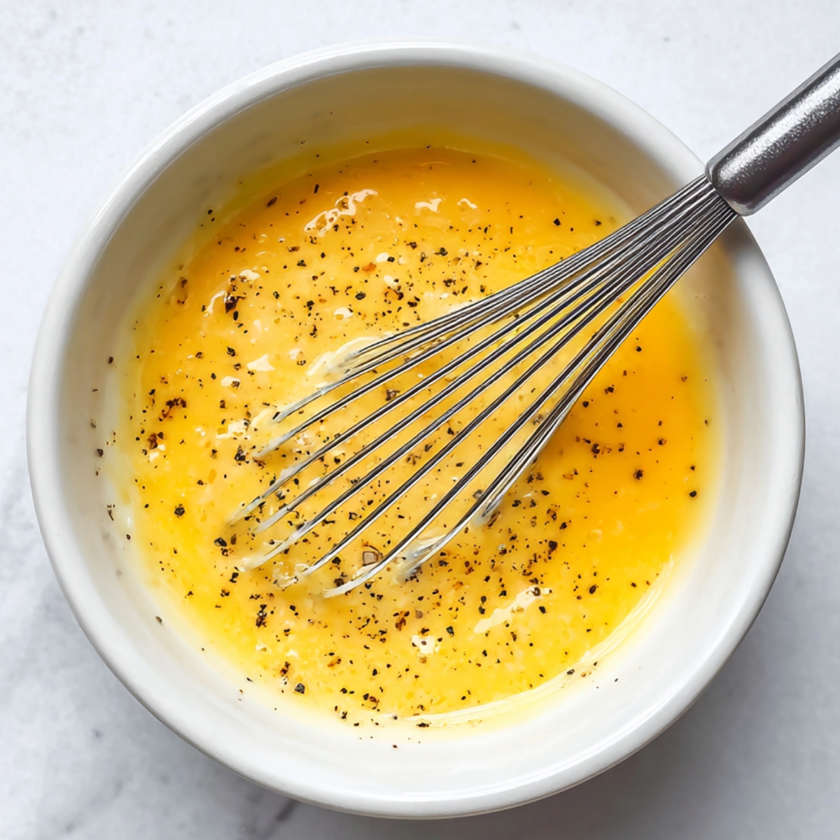 Eggs being whisked with seasoning in a bowl.
