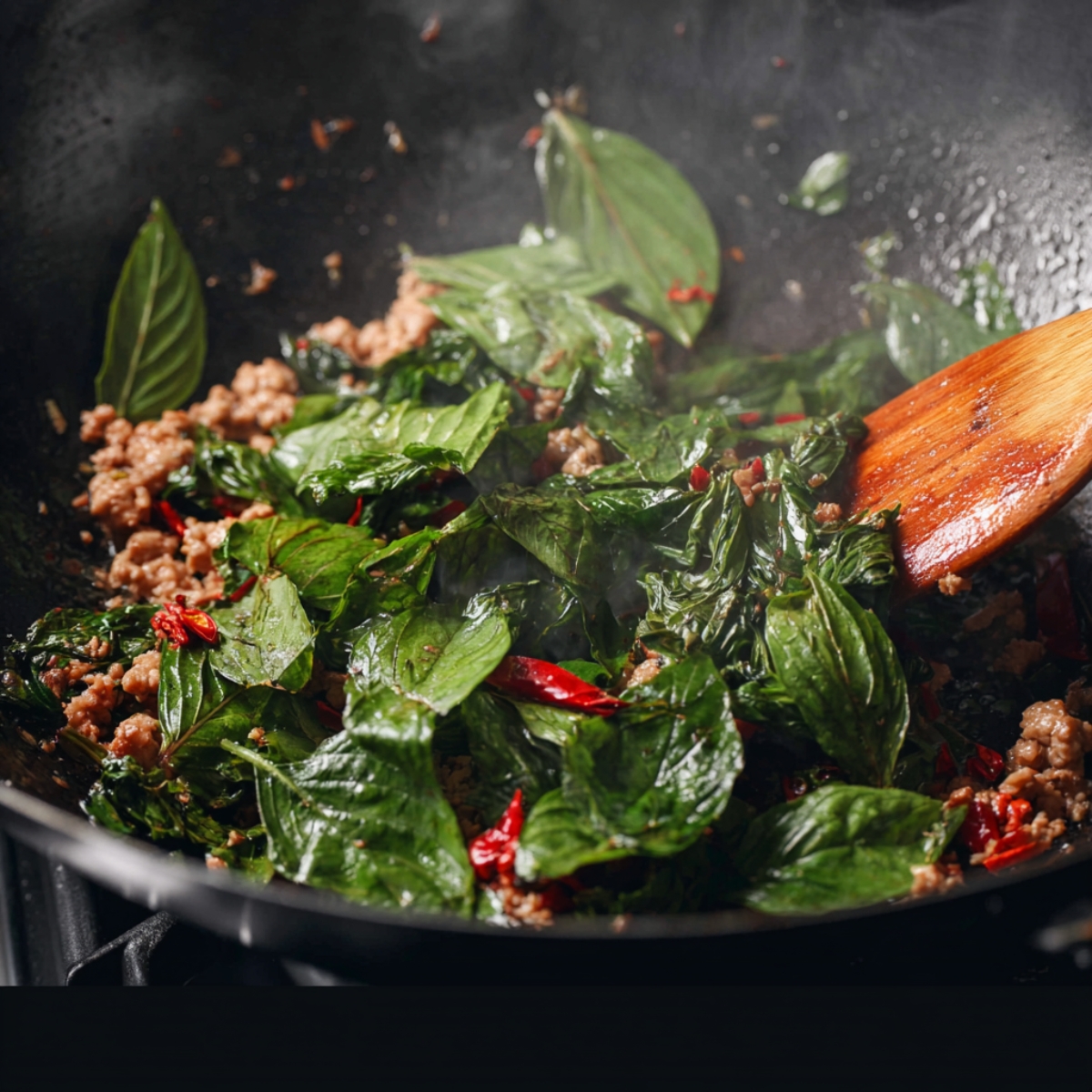 Basil and ground meat stir-fried in a hot pan.