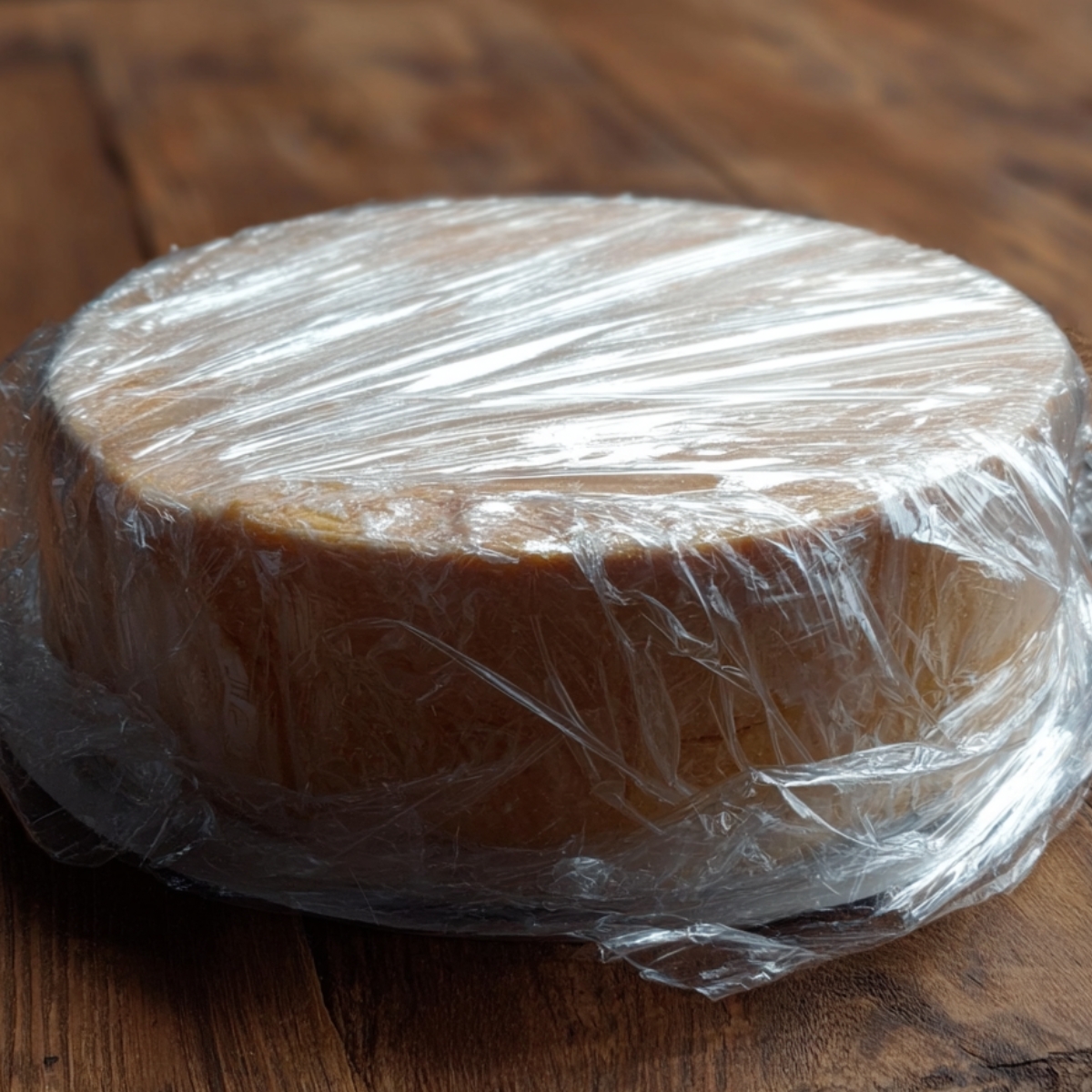 The image shows a cake wrapped in plastic wrap, likely to allow it to cool or rest before further decorating. Would you like suggestions for next steps in your cake preparation?