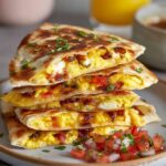 A close-up of delicious breakfast quesadillas filled with scrambled eggs, bacon, and cheese, topped with fresh cilantro and served with salsa.