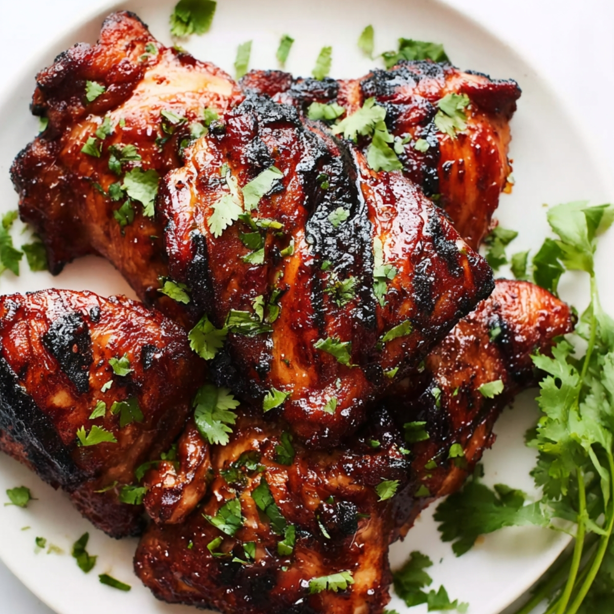 _char siu chicken glazed grilled chicken topped with fresh cilantro on a white plate.