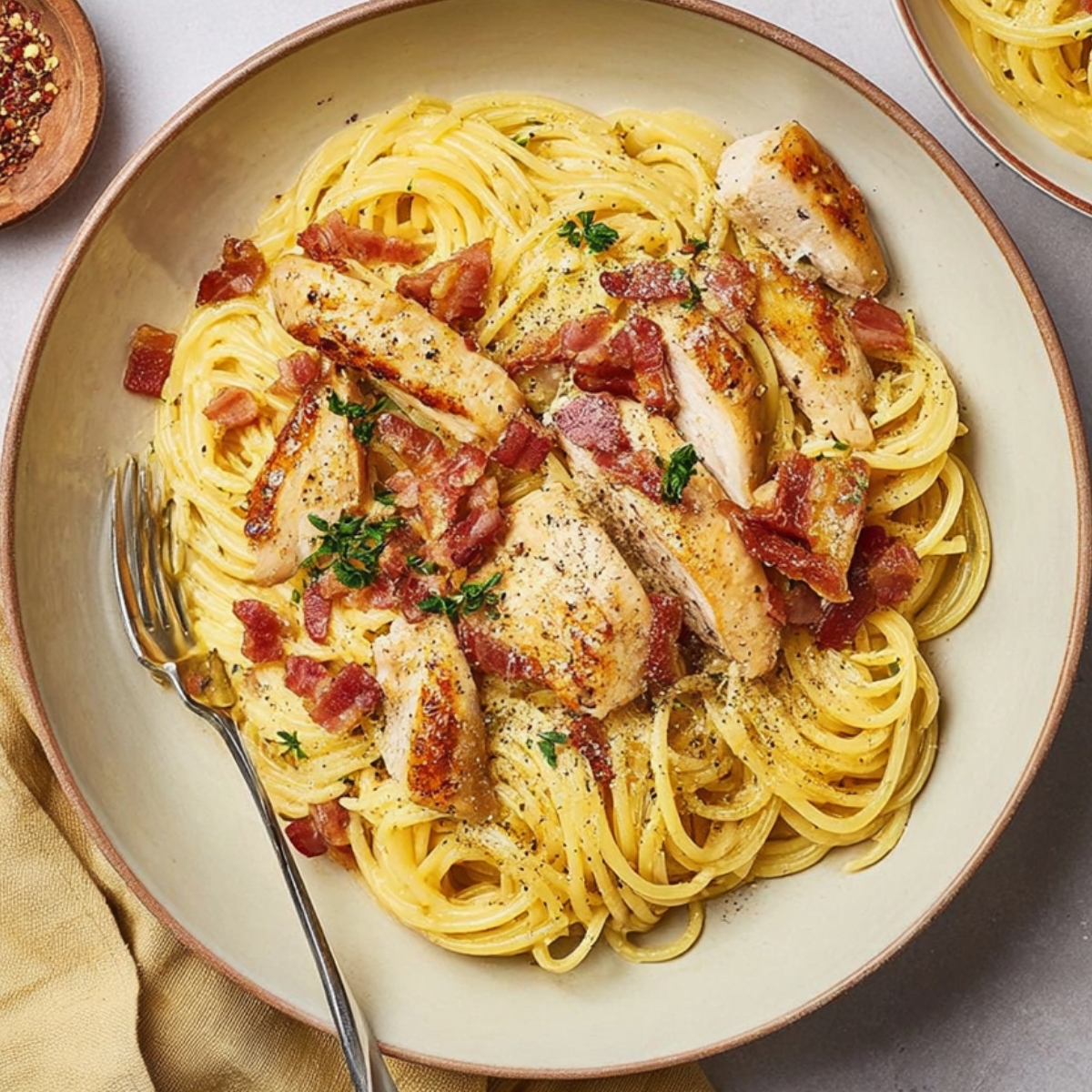 Chicken carbonara with spaghetti, crispy bacon, and Parmesan.