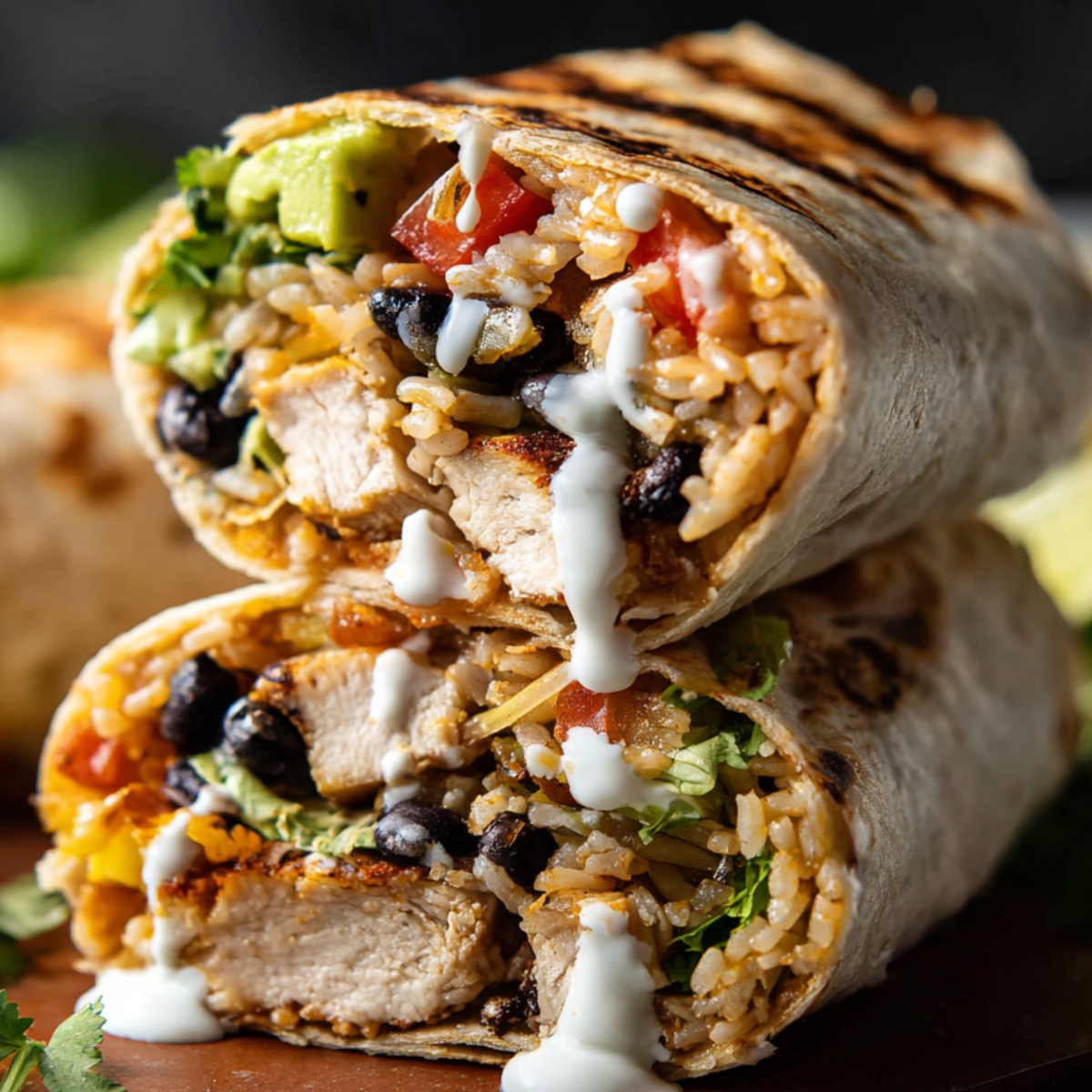 A chipotle ranch grilled chicken burritos filled with rice, black beans, tomatoes, lettuce, avocado, and a drizzle of ranch sauce.