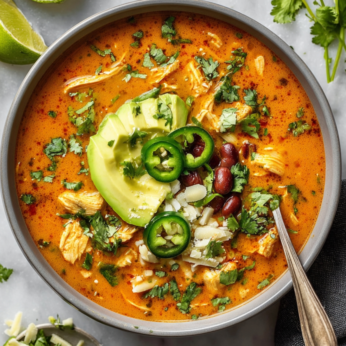 easy chicken enchilada soup topped with avocado, jalapeño, beans, and cilantro.