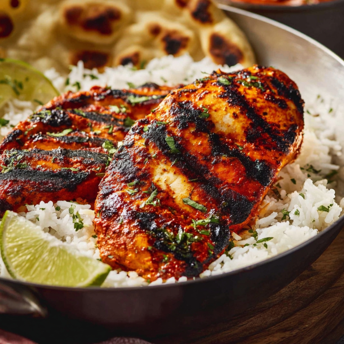 grilled tandoori chicken served over rice with lime.