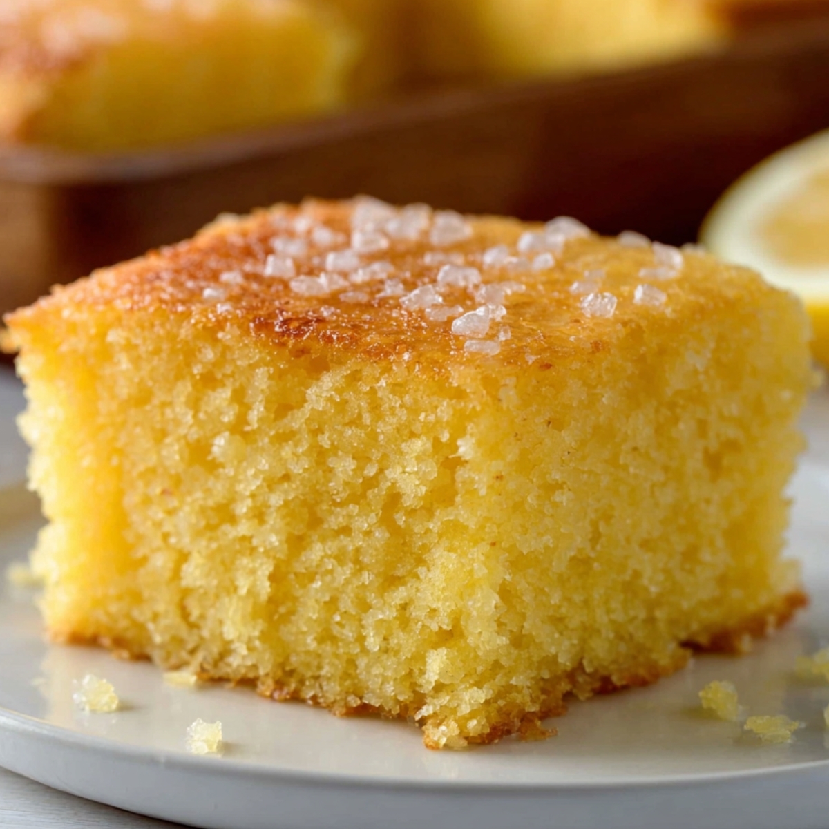A close-up of a slice of lemon cake topped with a sprinkle of coarse sugar, served on a plate.
