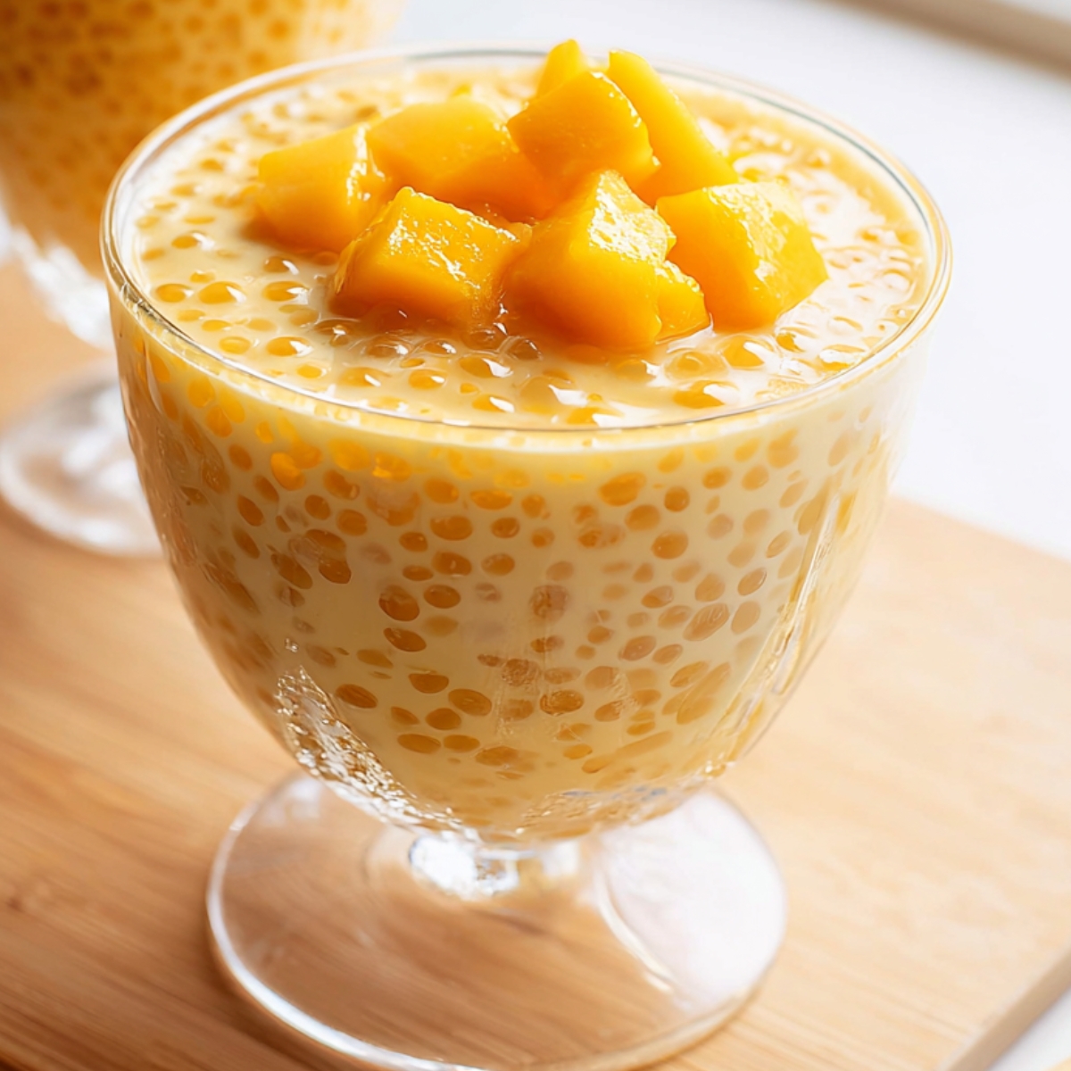 mango sago dessert topped with fresh mango cubes.