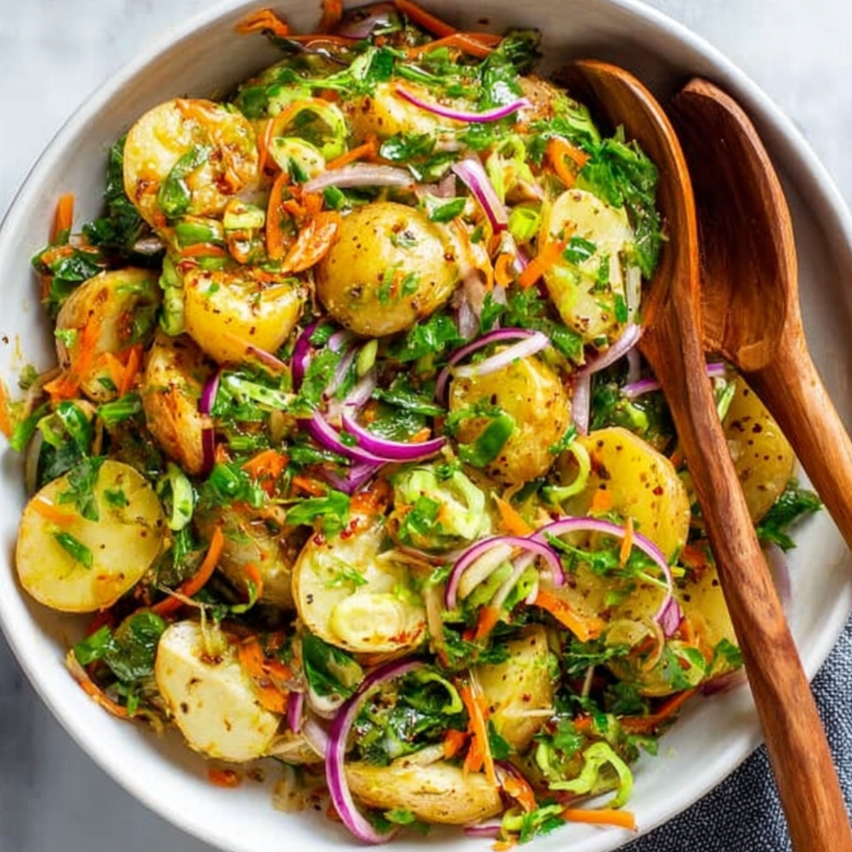 Turkish patates salatasi with herbs, red onion, and carrots in a bowl.