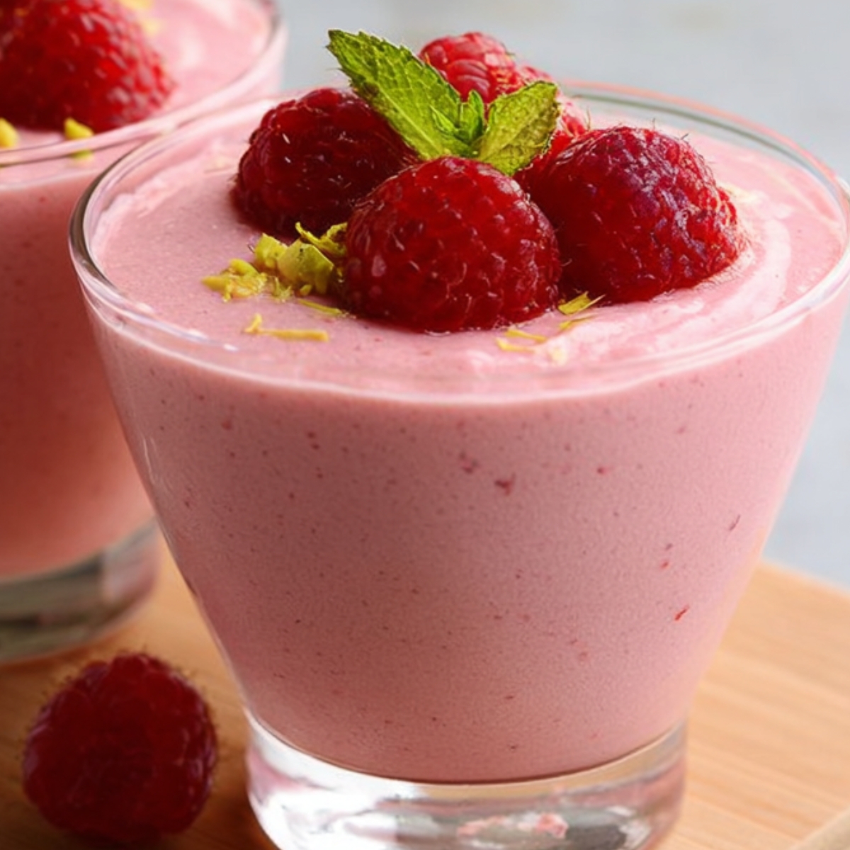 The image shows raspberry mousse served in a glass, topped with fresh raspberries and mint. Would you like a recipe or further instructions on making this mousse?