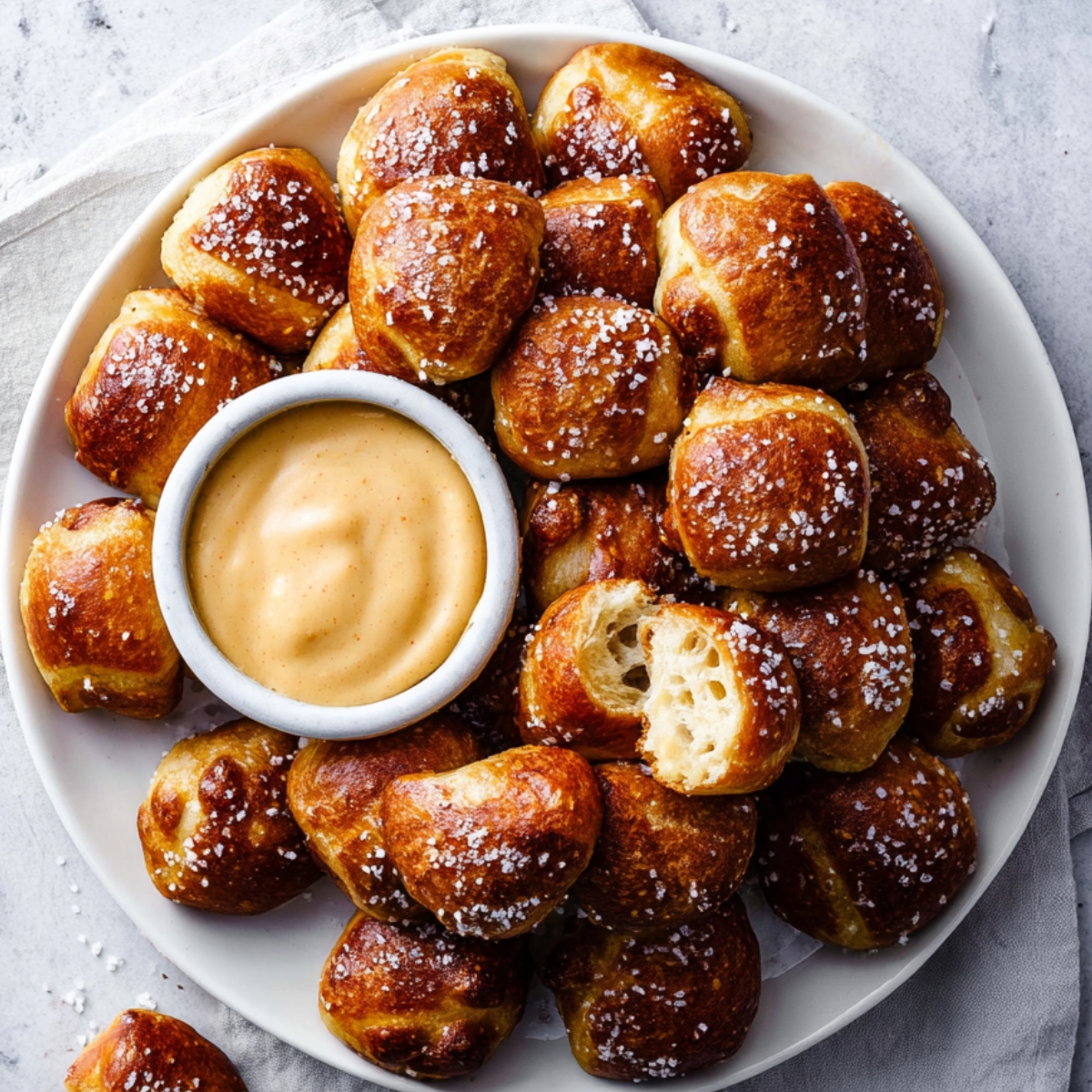 Golden soft pretzel bites with coarse salt and creamy dipping sauce on a plate.