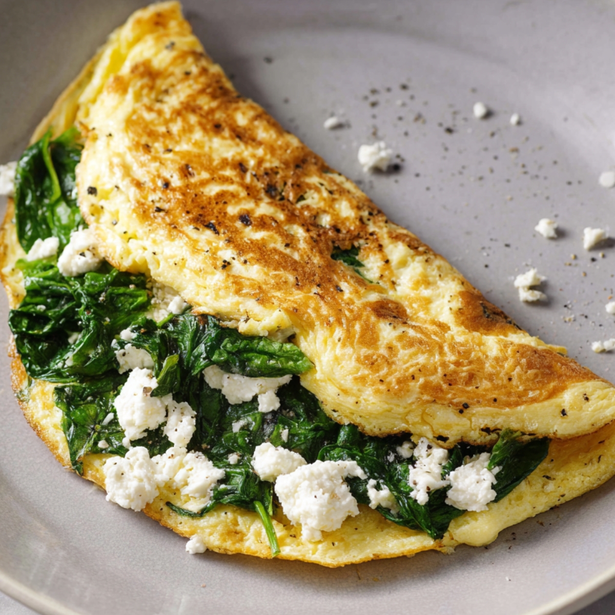 An spinach and feta omelet with spinach and crumbled feta cheese, cooked and folded in a non-stick pan.