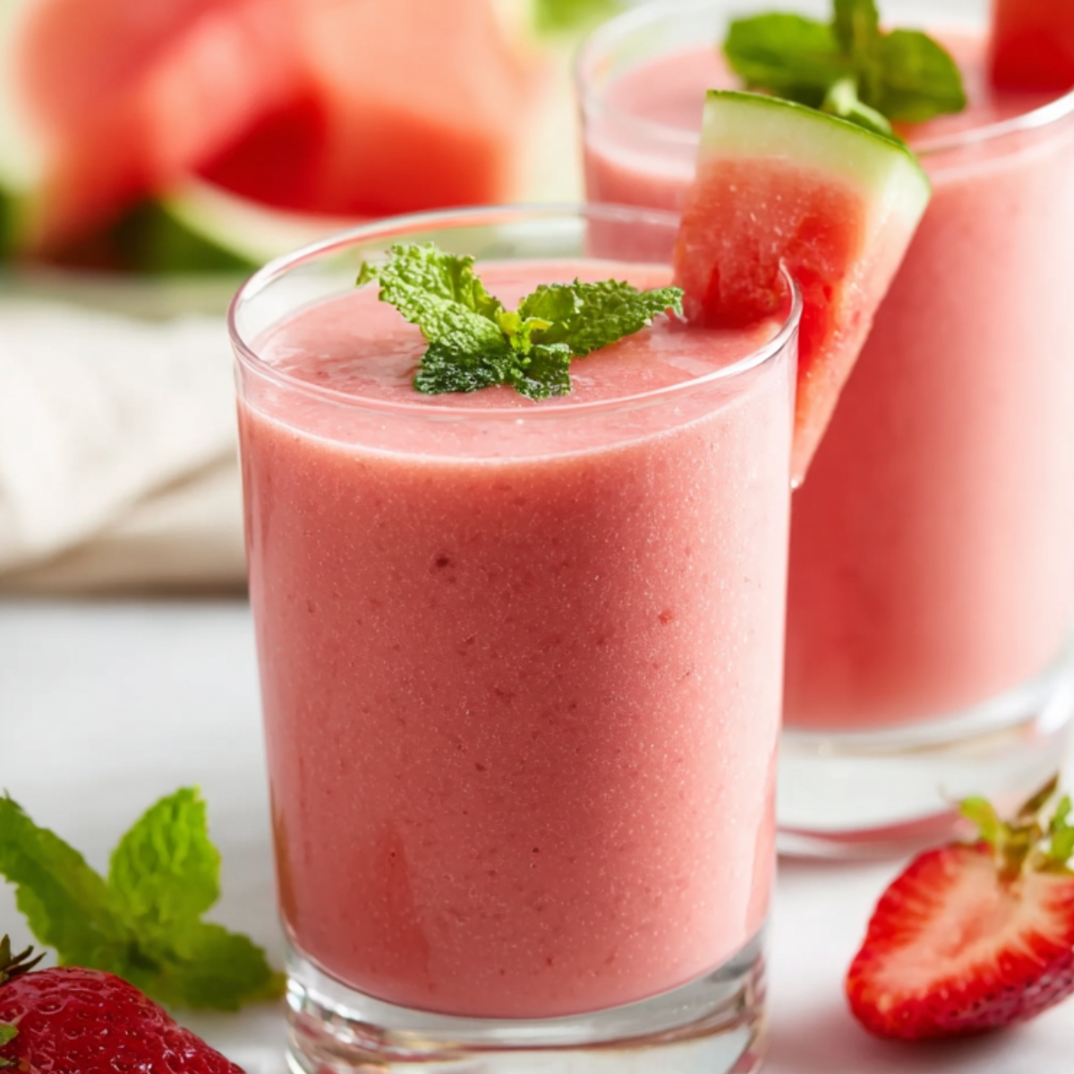 Creamy watermelon smoothie garnished with mint.