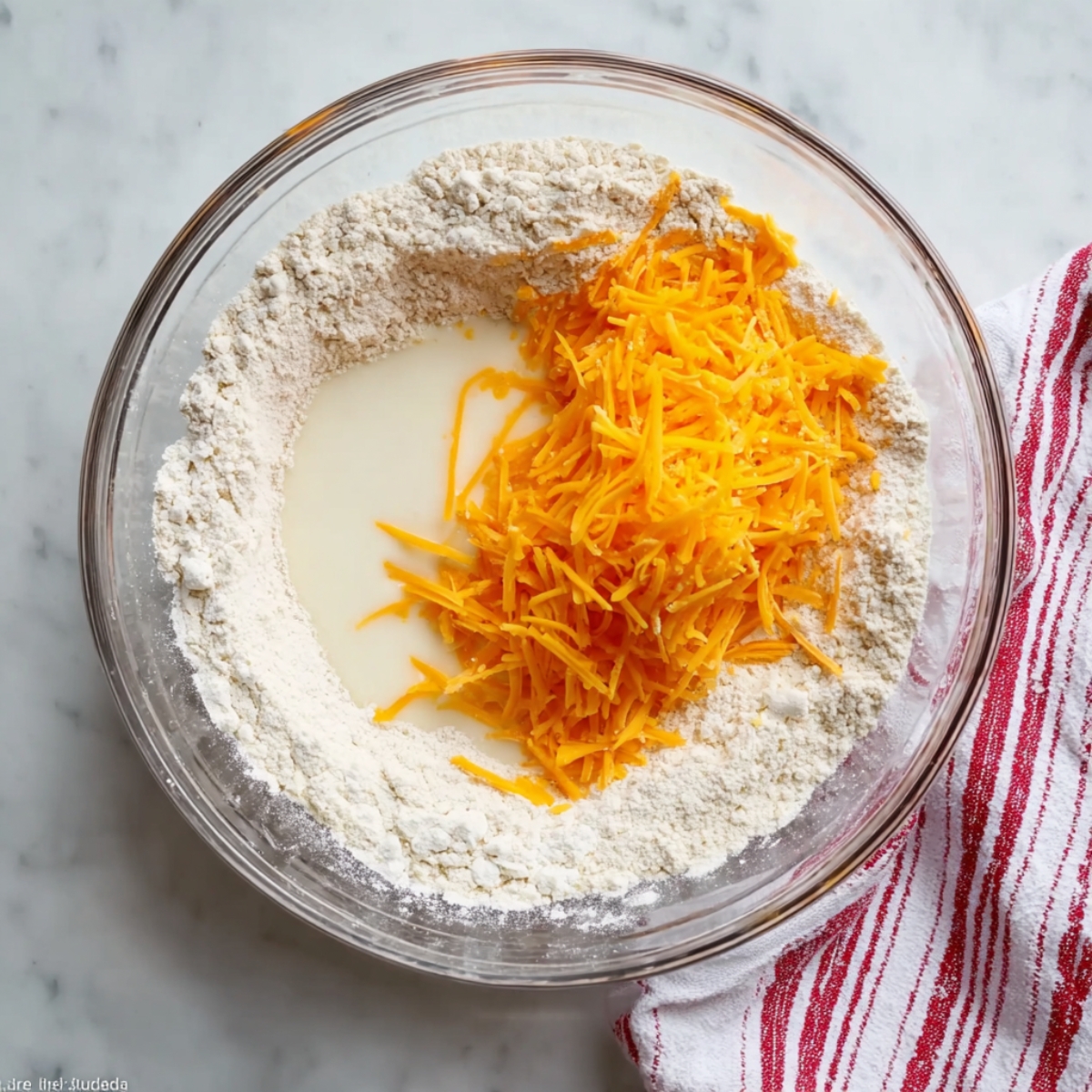 Mixing bowl with flour, shredded cheddar cheese, and milk being combined to make biscuit dough, set on a marble countertop with a striped towel nearby.