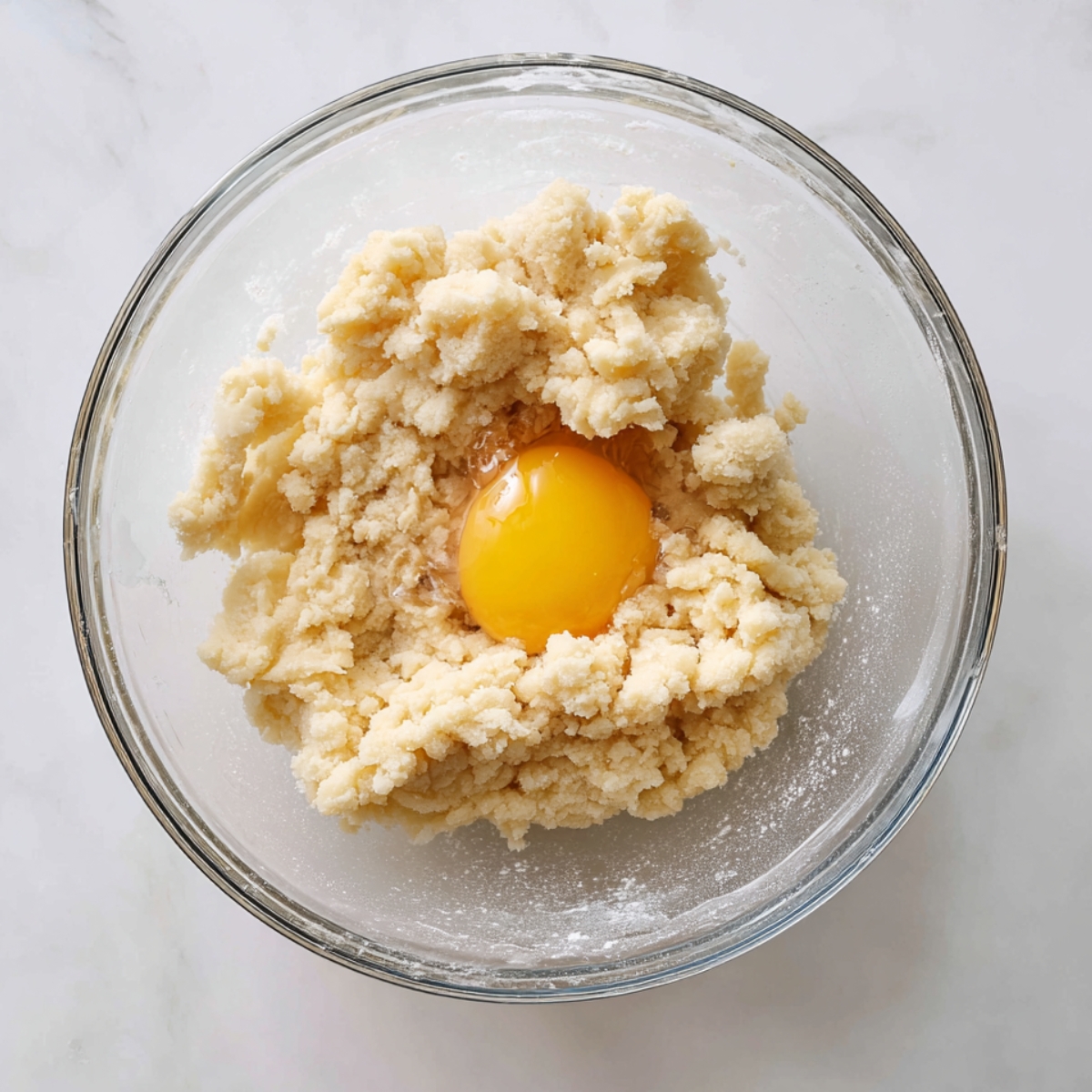 Clear glass mixing bowl containing crumbly churro dough with a raw egg yolk in the center, on a white marble countertop.