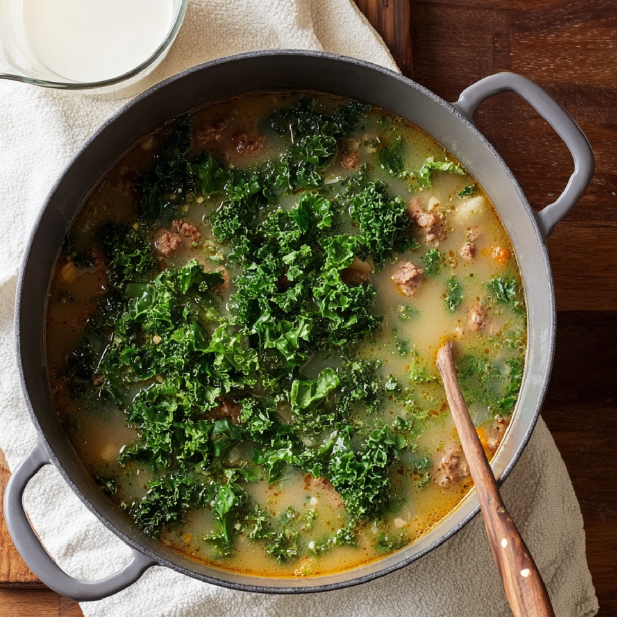 Large pot of hearty soup with kale, sausage, and potatoes in a light broth, sitting on a wooden surface with a spoon
