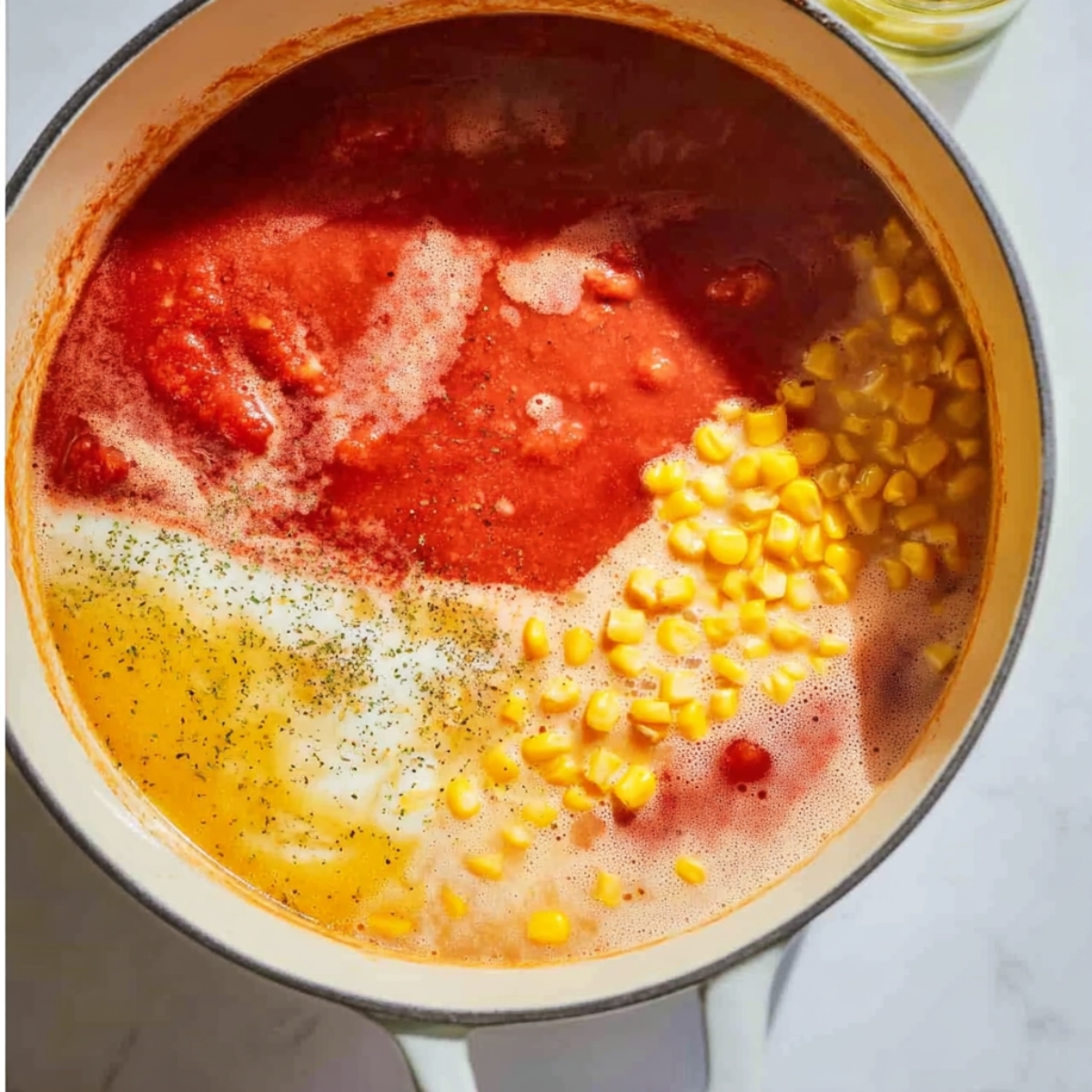 White Dutch oven with tomato corn chowder, showing layers of red tomato soup, yellow corn, and cream added, partially blended, top-down view.