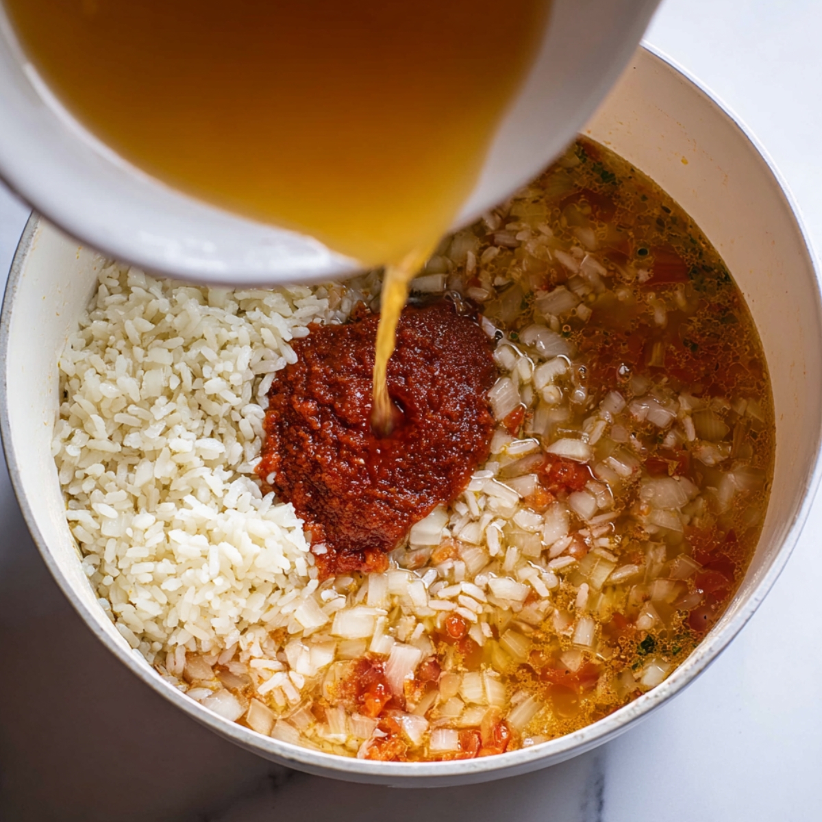 Overhead view of a white pot containing uncooked rice mixed with chopped onions and tomatoes, with a dollop of tomato paste in the center. A golden broth is being poured into the pot.