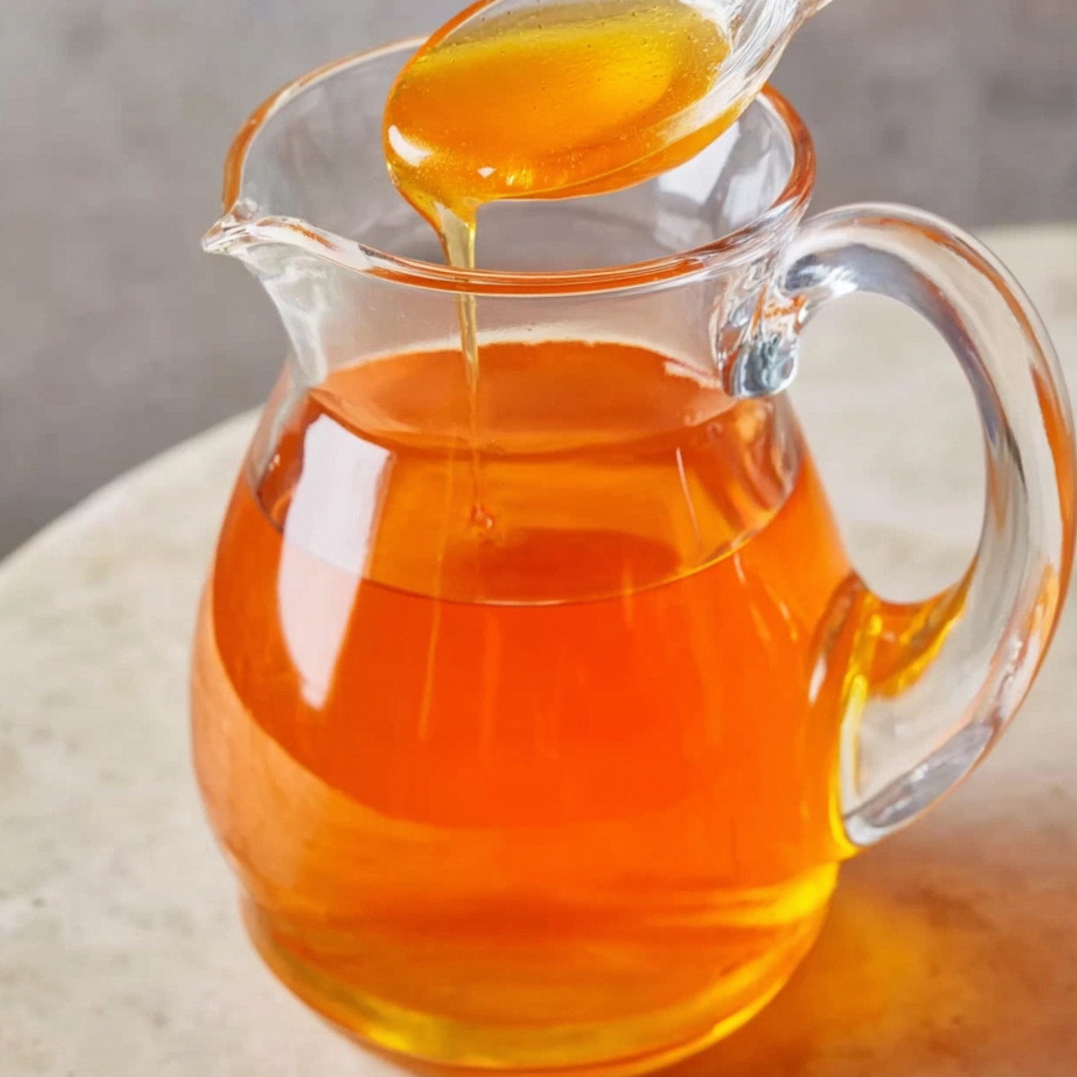 A clear glass pitcher filled with golden-orange mango nectar. A spoon above the pitcher is pouring a thick stream of the nectar back into it.