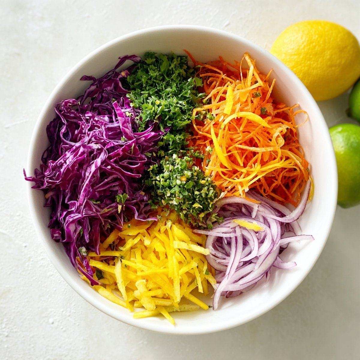 Top-down view of a white bowl filled with shredded purple cabbage, julienned carrots, chopped herbs, and thinly sliced red onion, ready for a fresh salad or slaw.