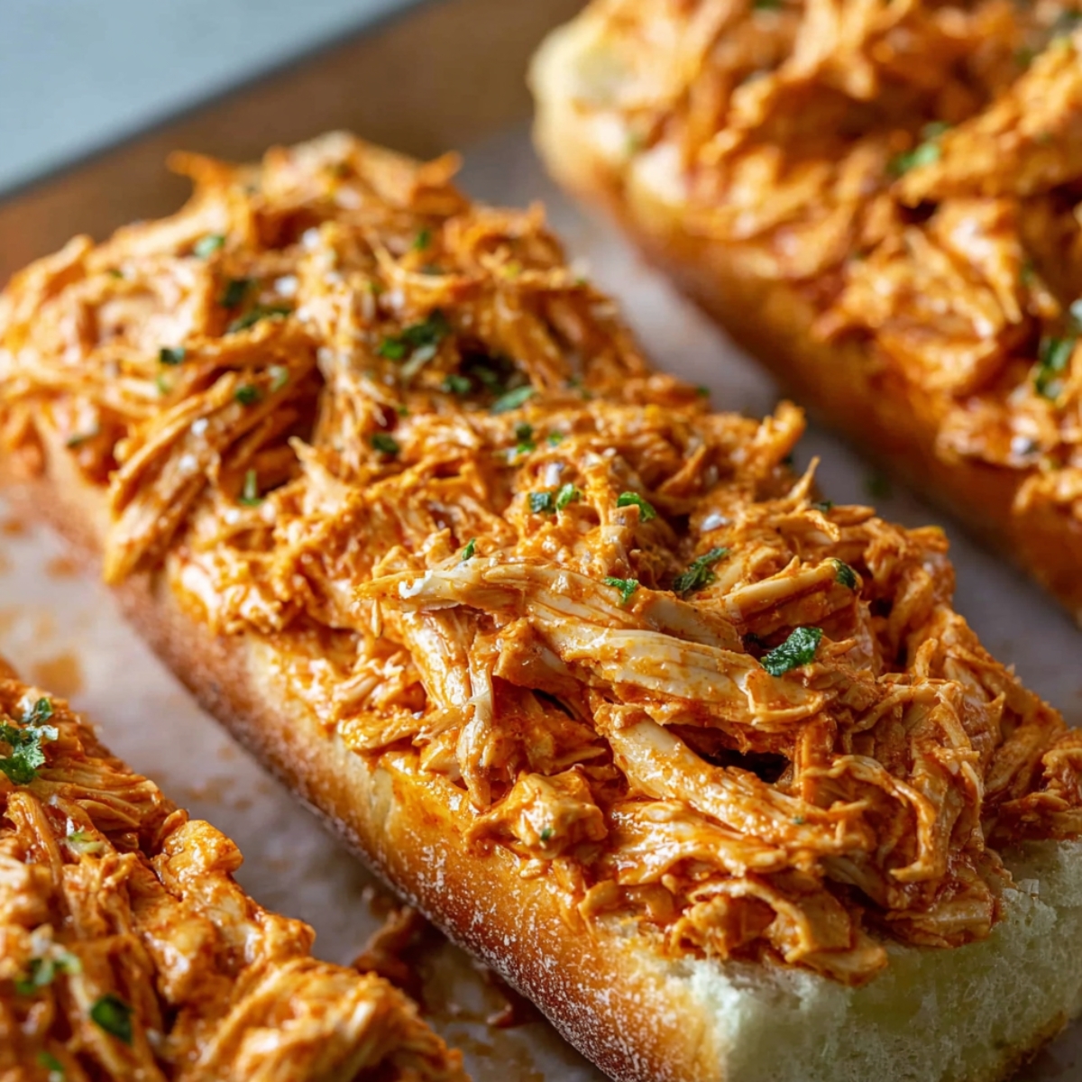 Close-up of French bread halves topped with shredded buffalo chicken, garnished with chopped parsley, ready to be baked.