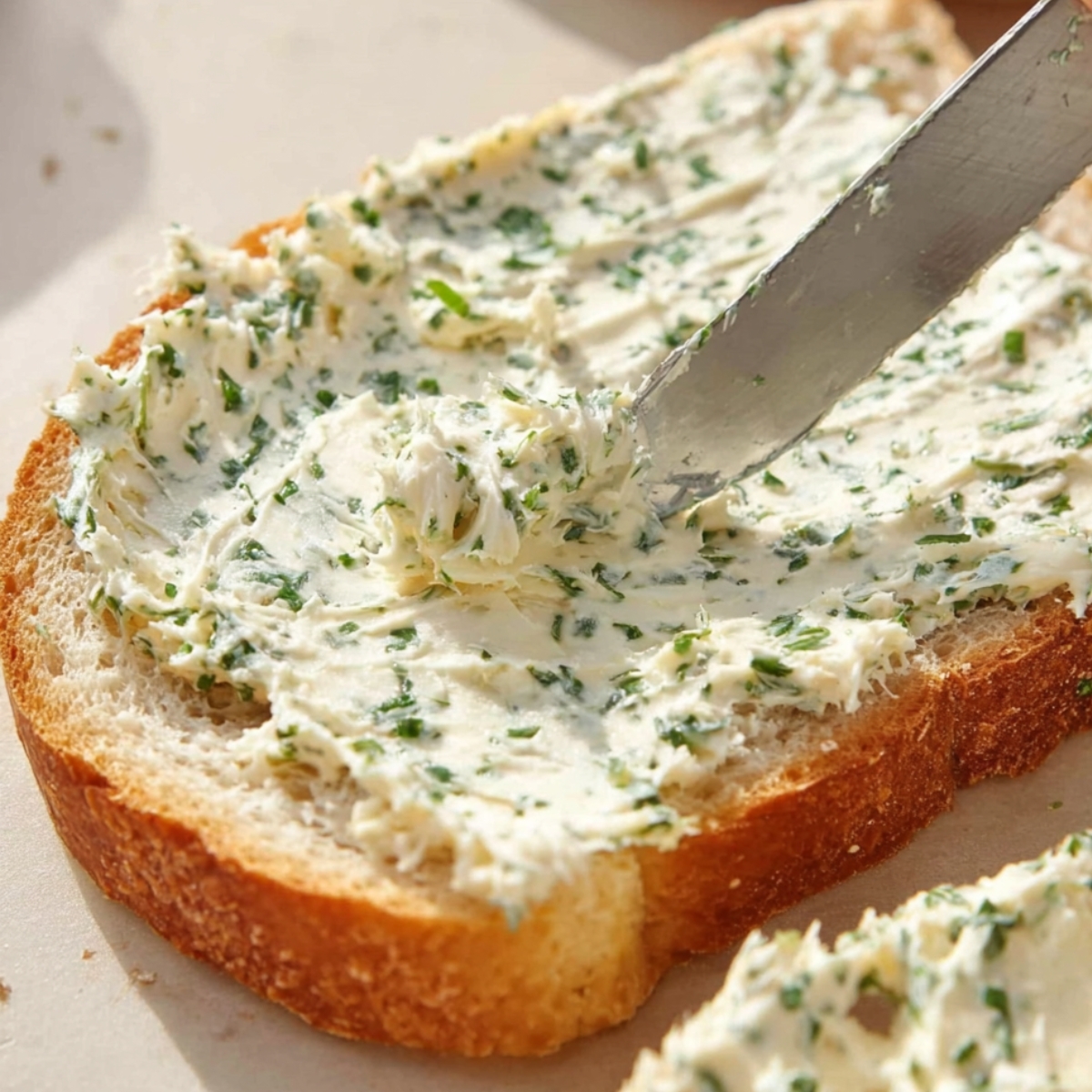 A close-up of a slice of bread being spread with creamy herb butter using a knife. The butter is white with finely chopped green herbs mixed in, evenly covering the bread. The focus is on the texture of the bread and the smoothness of the herb butter.