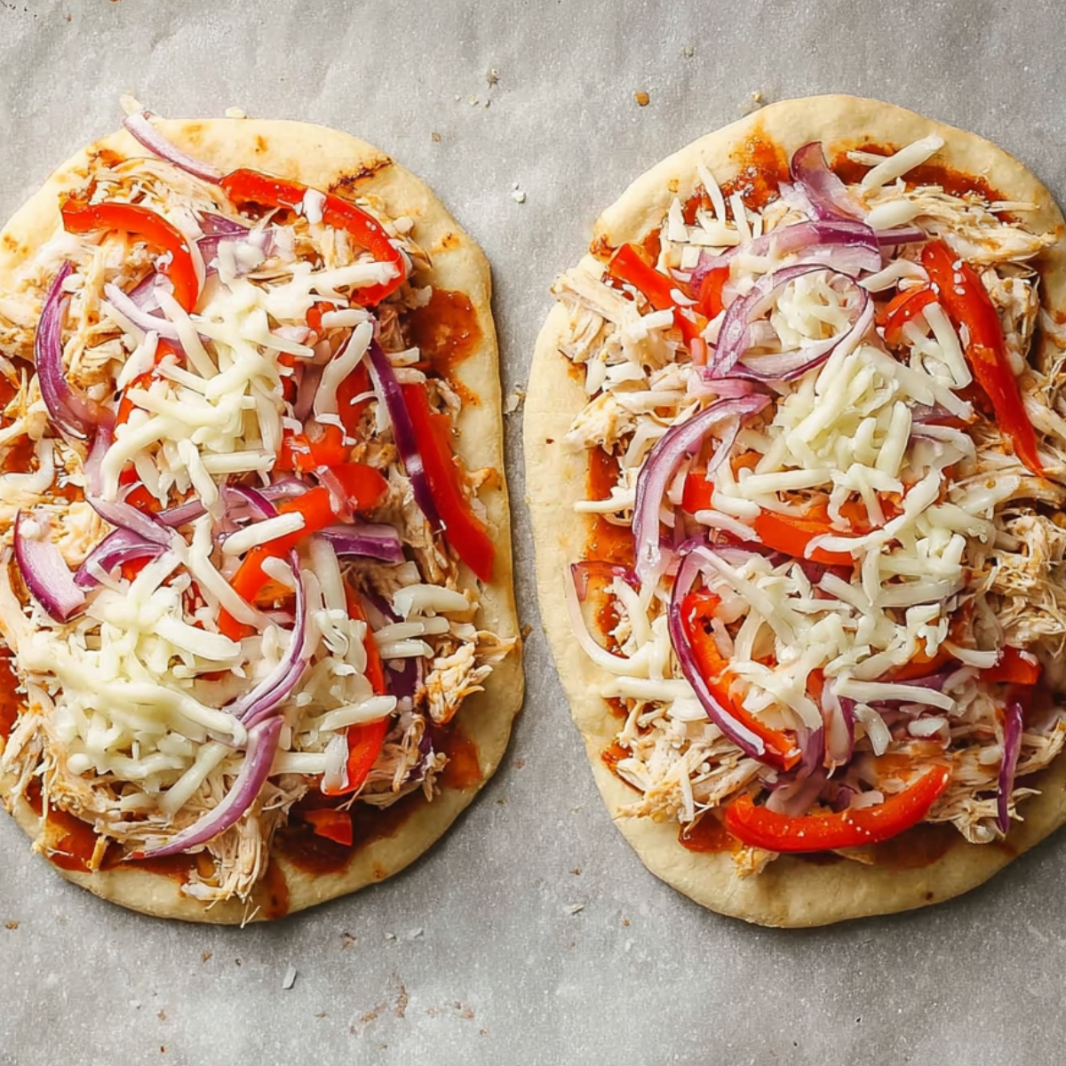 Two rectangular flatbreads on a parchment-lined baking sheet, each topped with a layer of red BBQ sauce, shredded cooked chicken, sliced red bell peppers, thinly sliced red onions, and shredded mozzarella cheese, ready to be baked. The flatbreads are evenly spaced on the sheet, showing a colorful and fresh combination of ingredients.