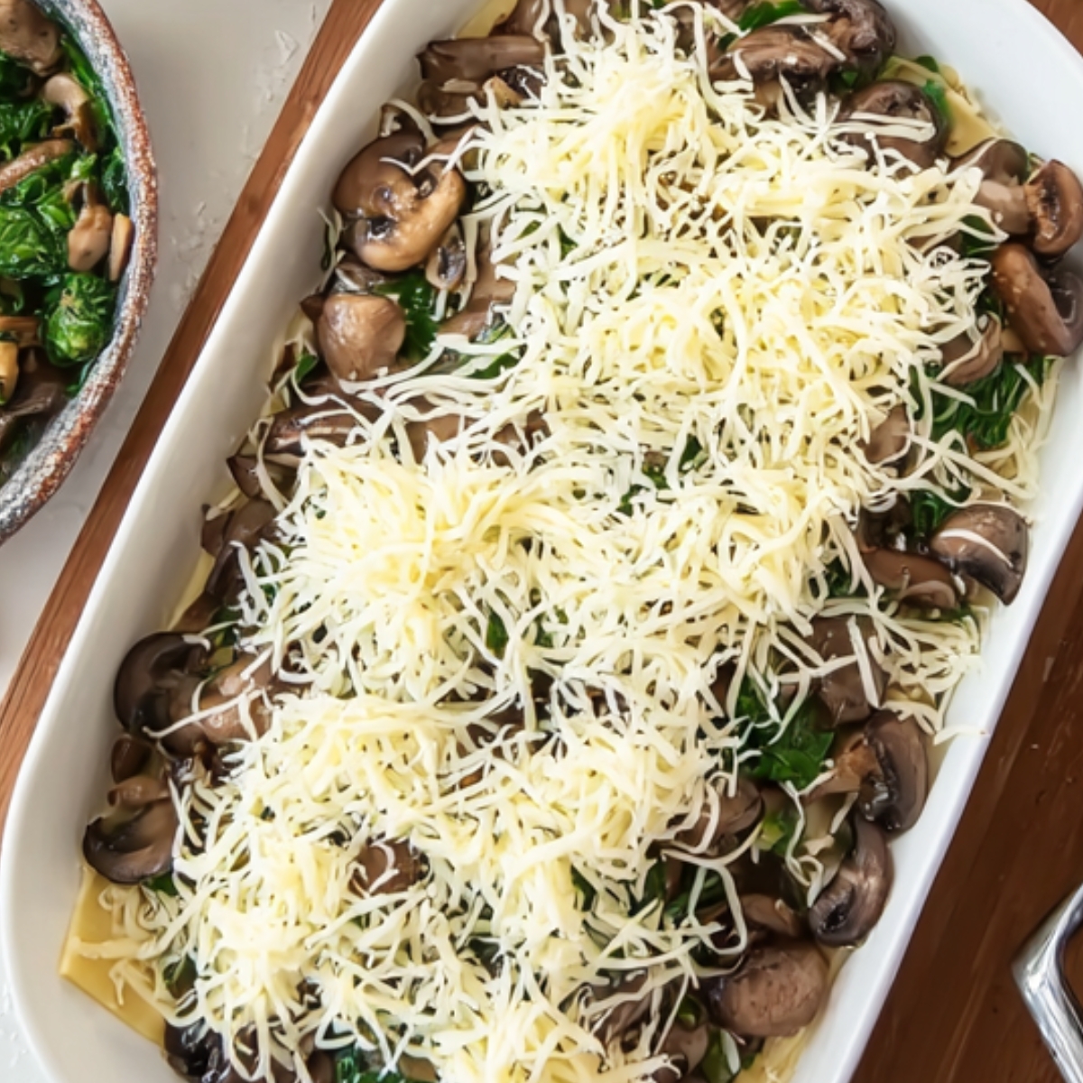 Close-up of a baked slice of creamy mushroom and spinach lasagna on a white plate, showing layers of noodles, creamy sauce, mushrooms, spinach, and melted golden cheese, garnished with fresh parsley.